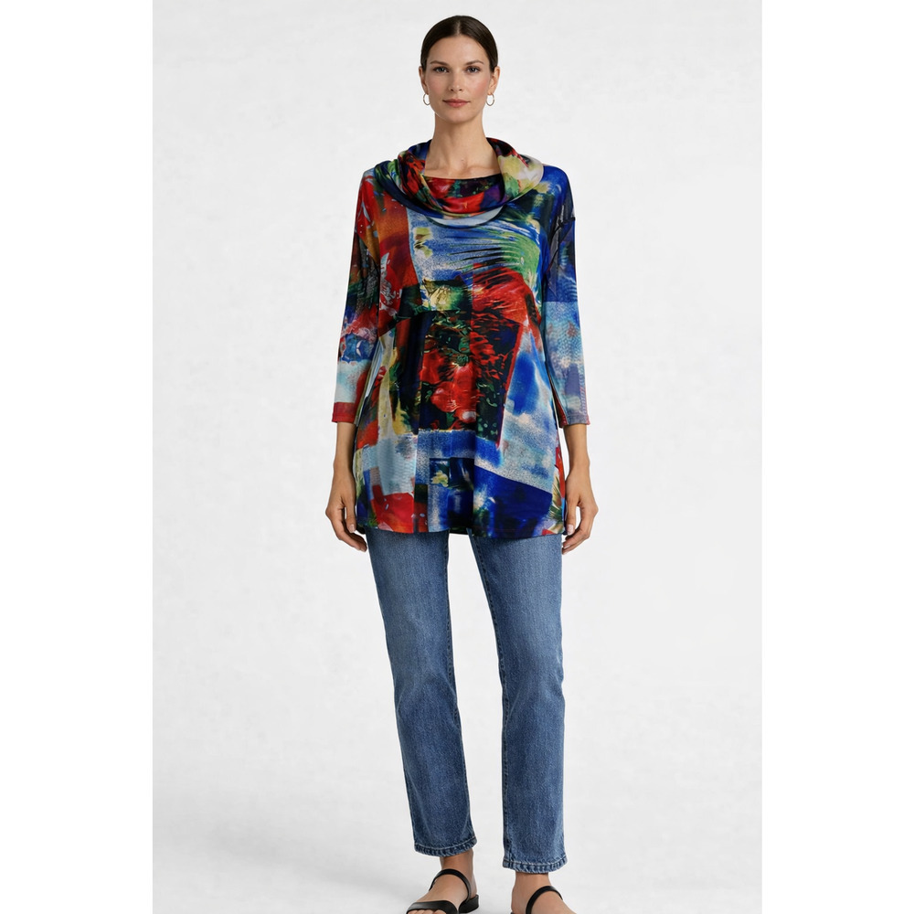 Jess & Jane Tunic Size Large Cowl Neck Blue Red Flowy Artsy Boho Lagenlook Long